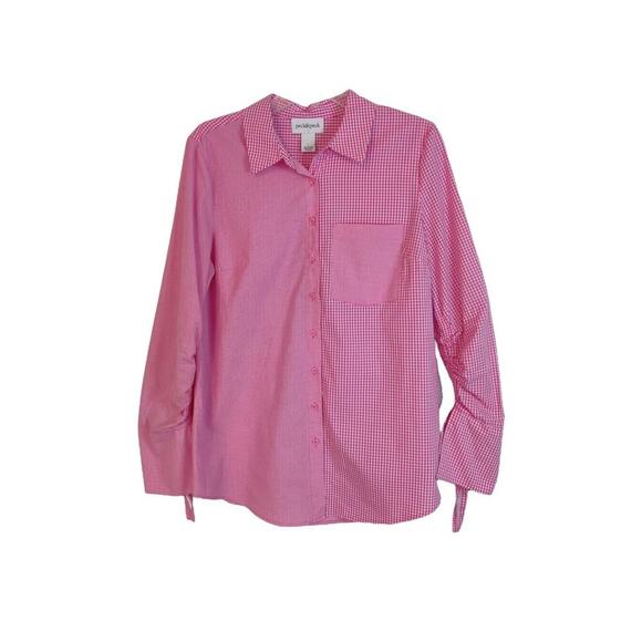 Plaid Asymmetrical Long Sleeve Button Down Shirt Blouse Pink Size L - Picture 2 of 11
